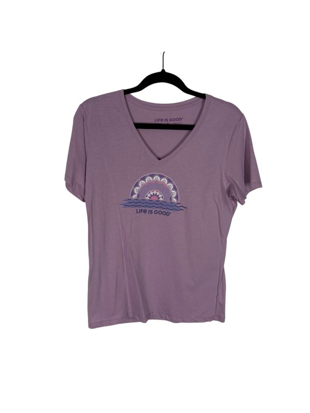 Life Is Good Women SZ S Purple Sundala Graphic Front V-Neck Short Sleeve Tee NWT